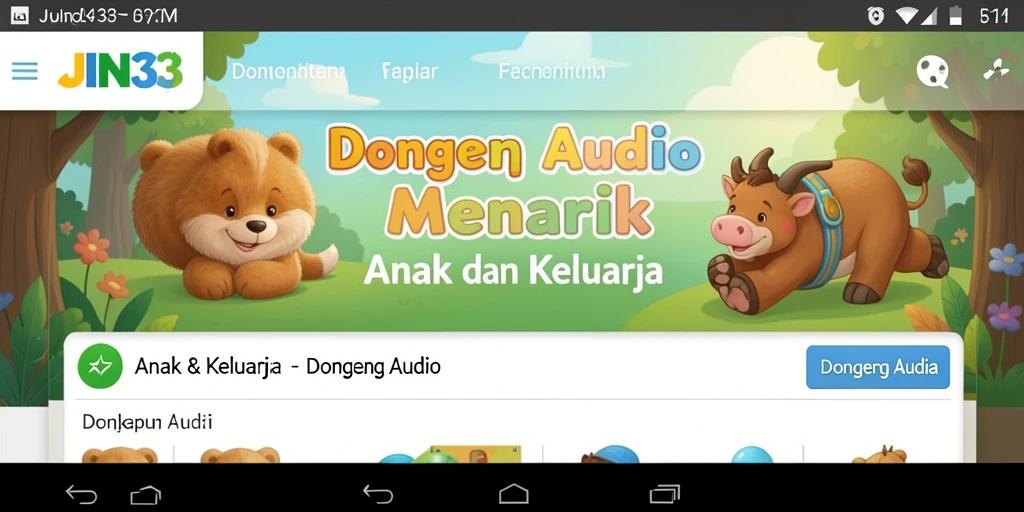 Tampilan antarmuka JIN33 yang ramah anak untuk mendengarkan dongeng audio.